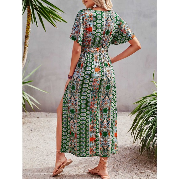 boho paisley Print v neck short Sleeve Split Side Belted maxi Dress hot pink - Picture 10 of 11